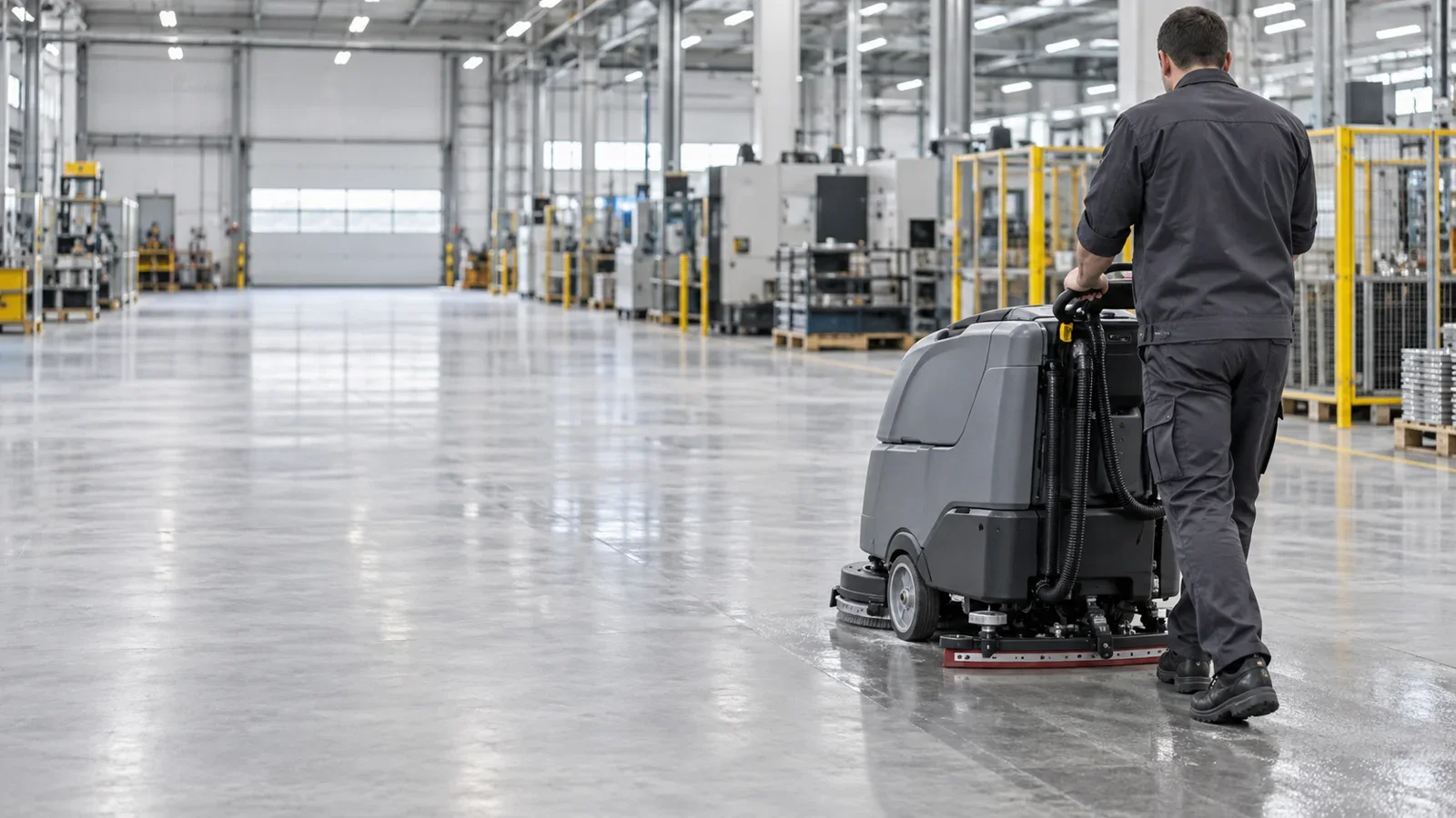 Walk-behind floor scrubber cleaning a large industrial facility