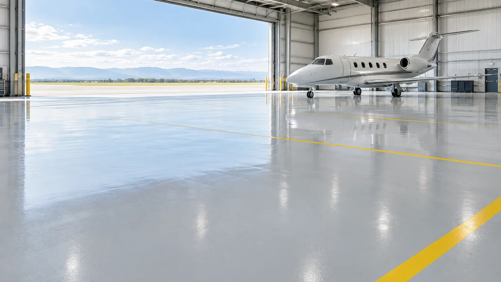Light gray epoxy floor and yellow markings in an airplane hangar