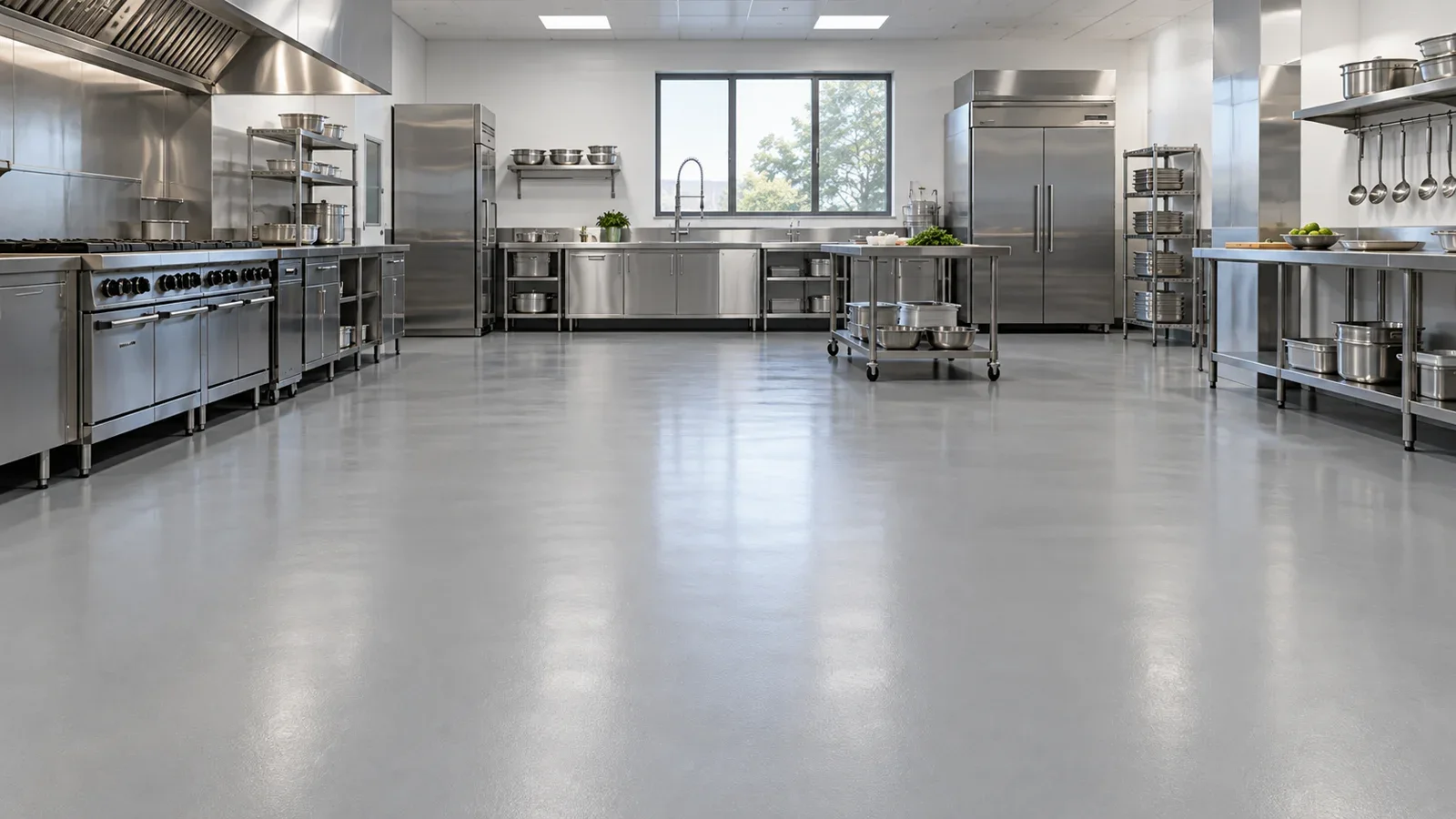 Gray epoxy floor across a spacious commercial kitchen with stainless steel equipment