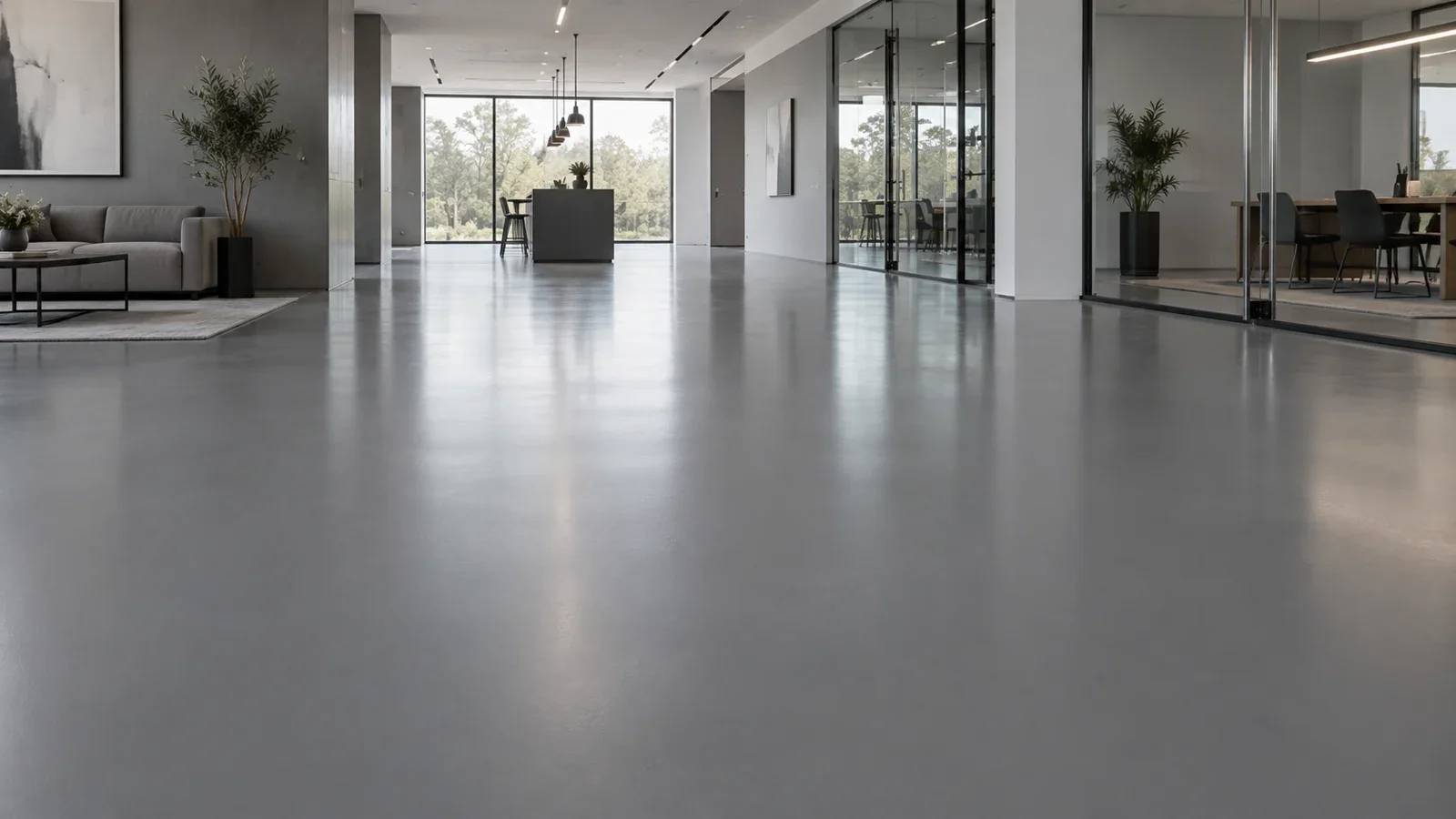 Smooth gray epoxy floor across a commercial office interior