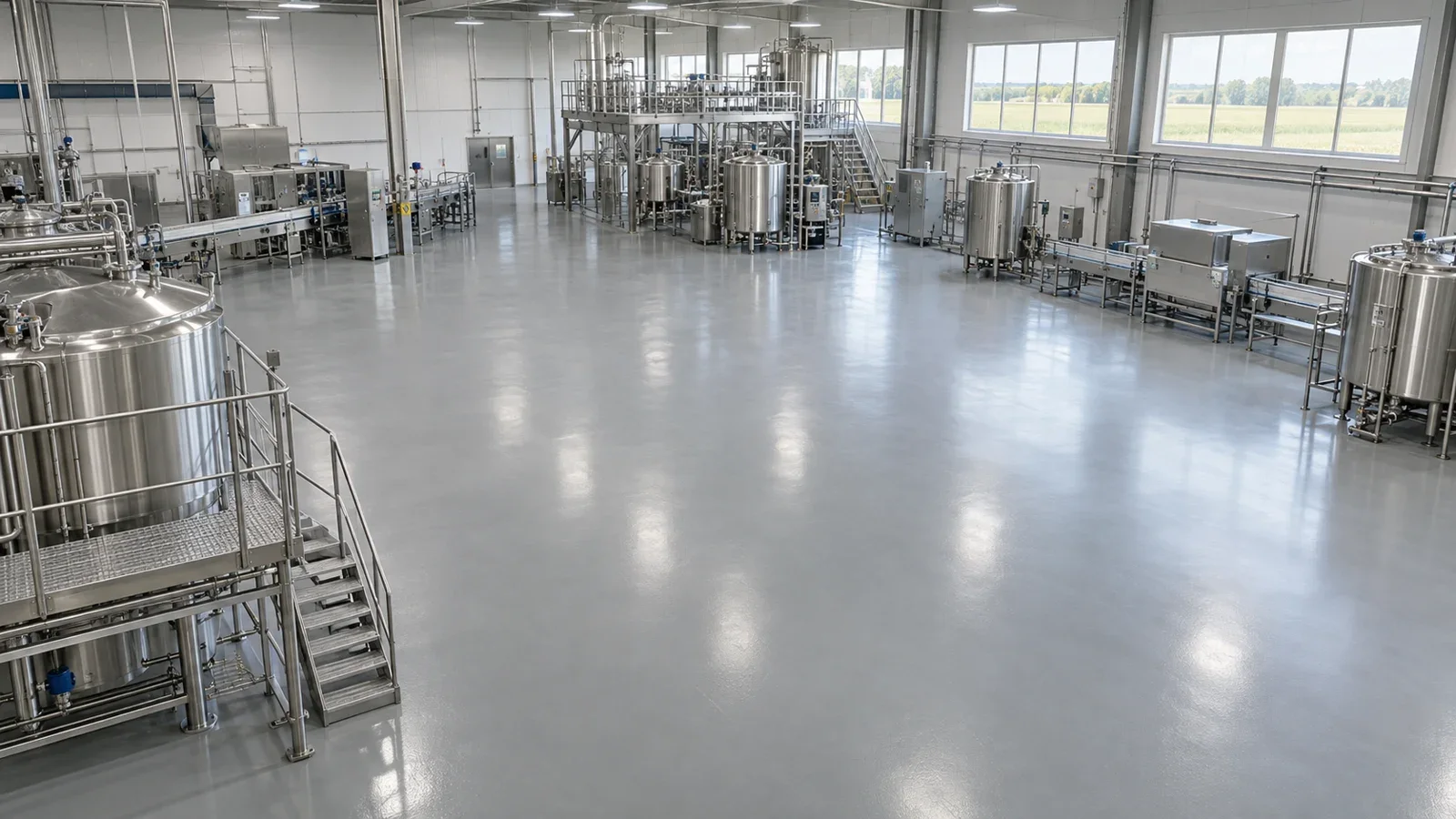 Gray epoxy flooring across an industrial processing facility with tanks and production equipment
