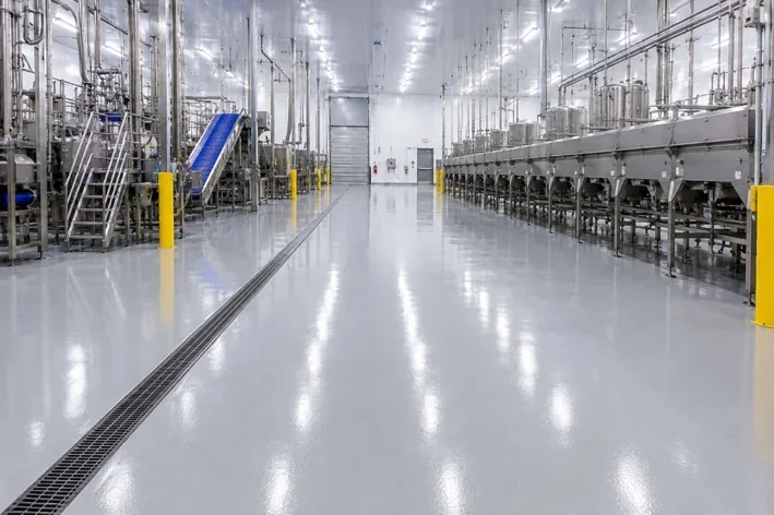 Light gray epoxy floor between industrial production lines and stainless steel equipment