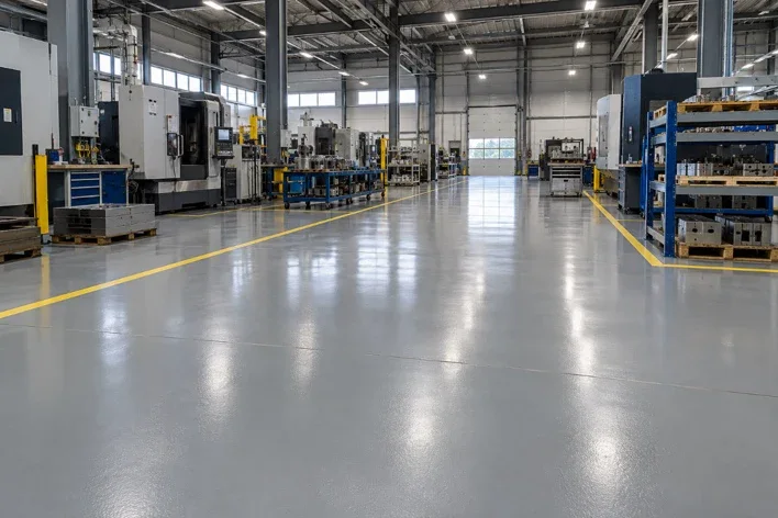 Gray epoxy floor with yellow aisle markings in an industrial workshop