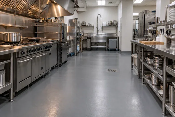 Gray epoxy flooring in a restaurant kitchen with stainless steel equipment