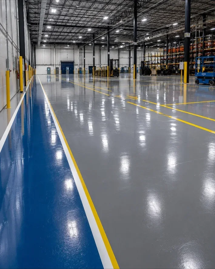 Yellow industrial floor striping alongside a blue warehouse walkway