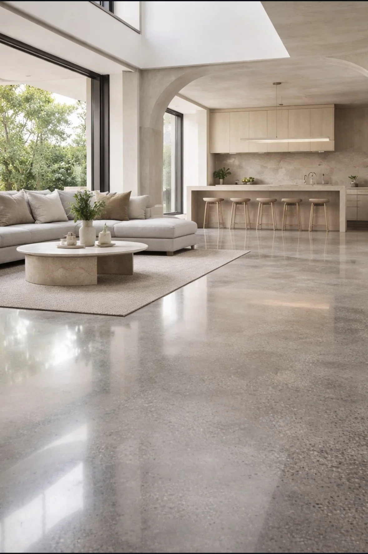 Polished concrete floor in a bright residential interior
