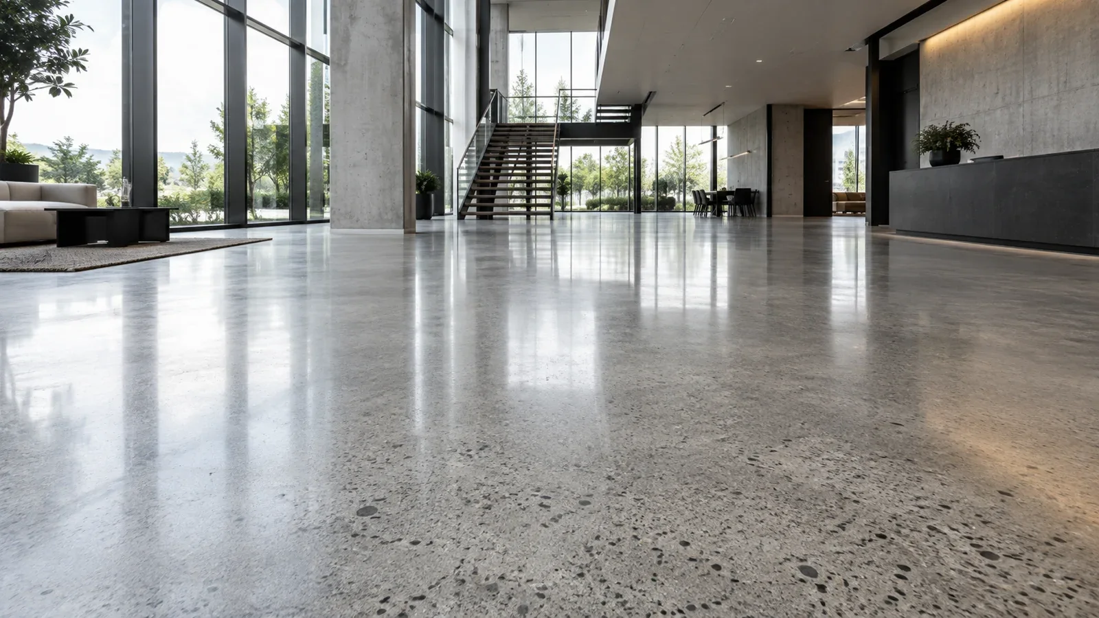 Polished concrete with exposed aggregate in a bright modern lobby