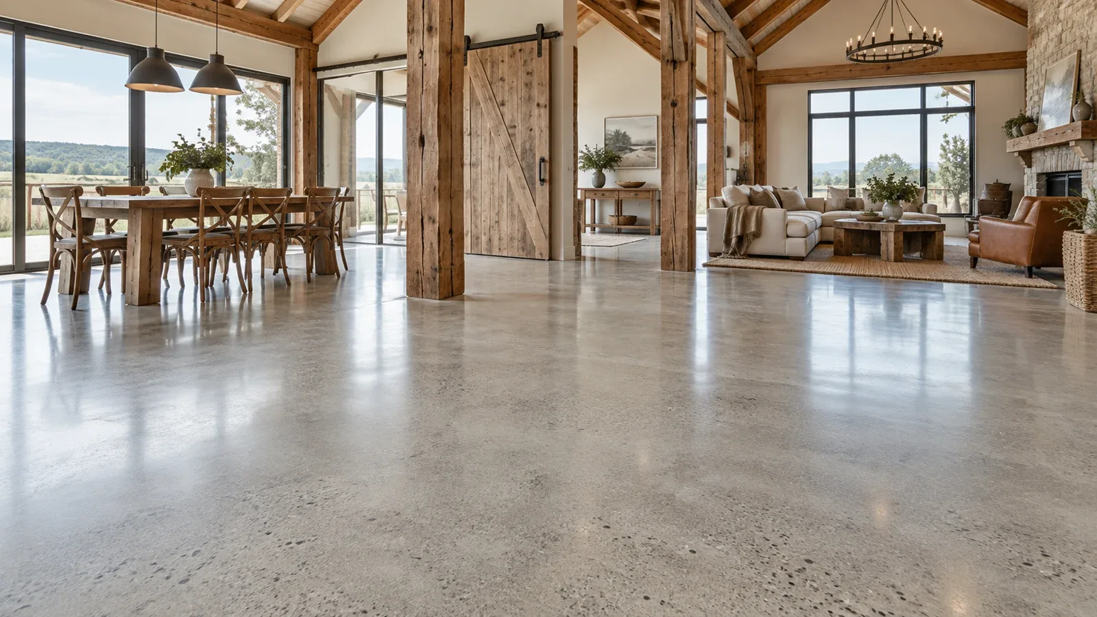 Reflective polished concrete floor across a timber-framed living and dining space