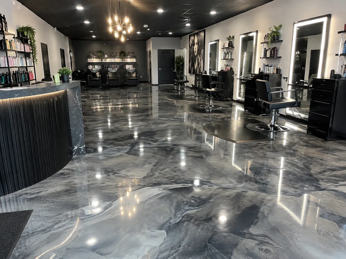 Reflective gray metallic floor in a salon interior