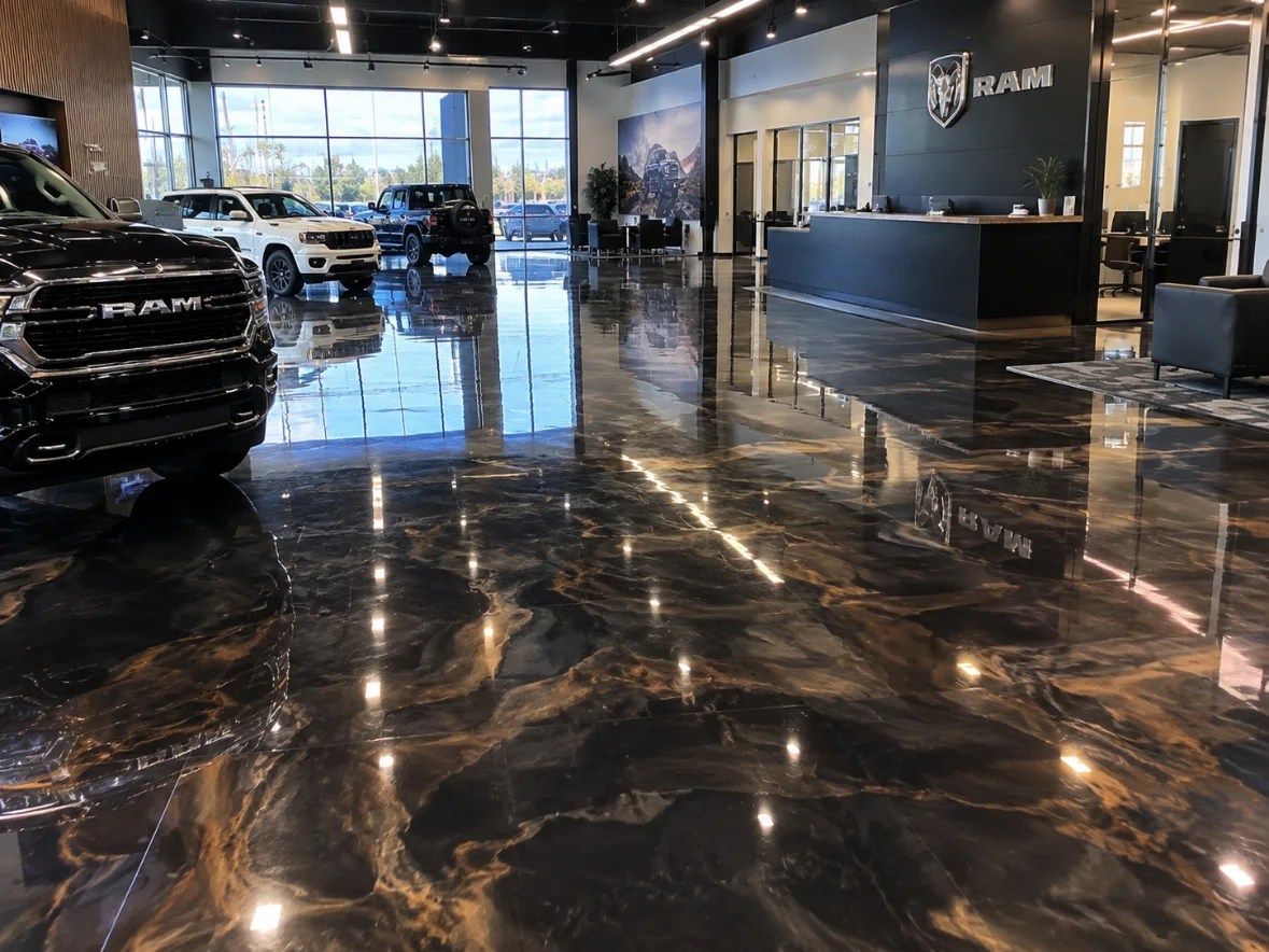 Black and gold metallic floor in an automotive showroom