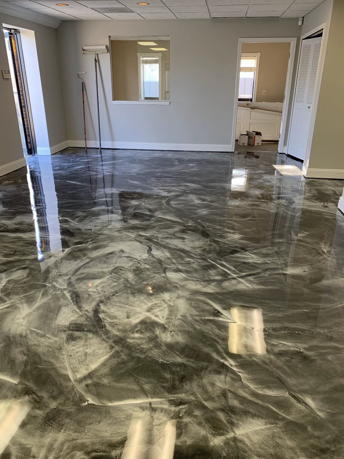 Reflective silver metallic floor in a living space