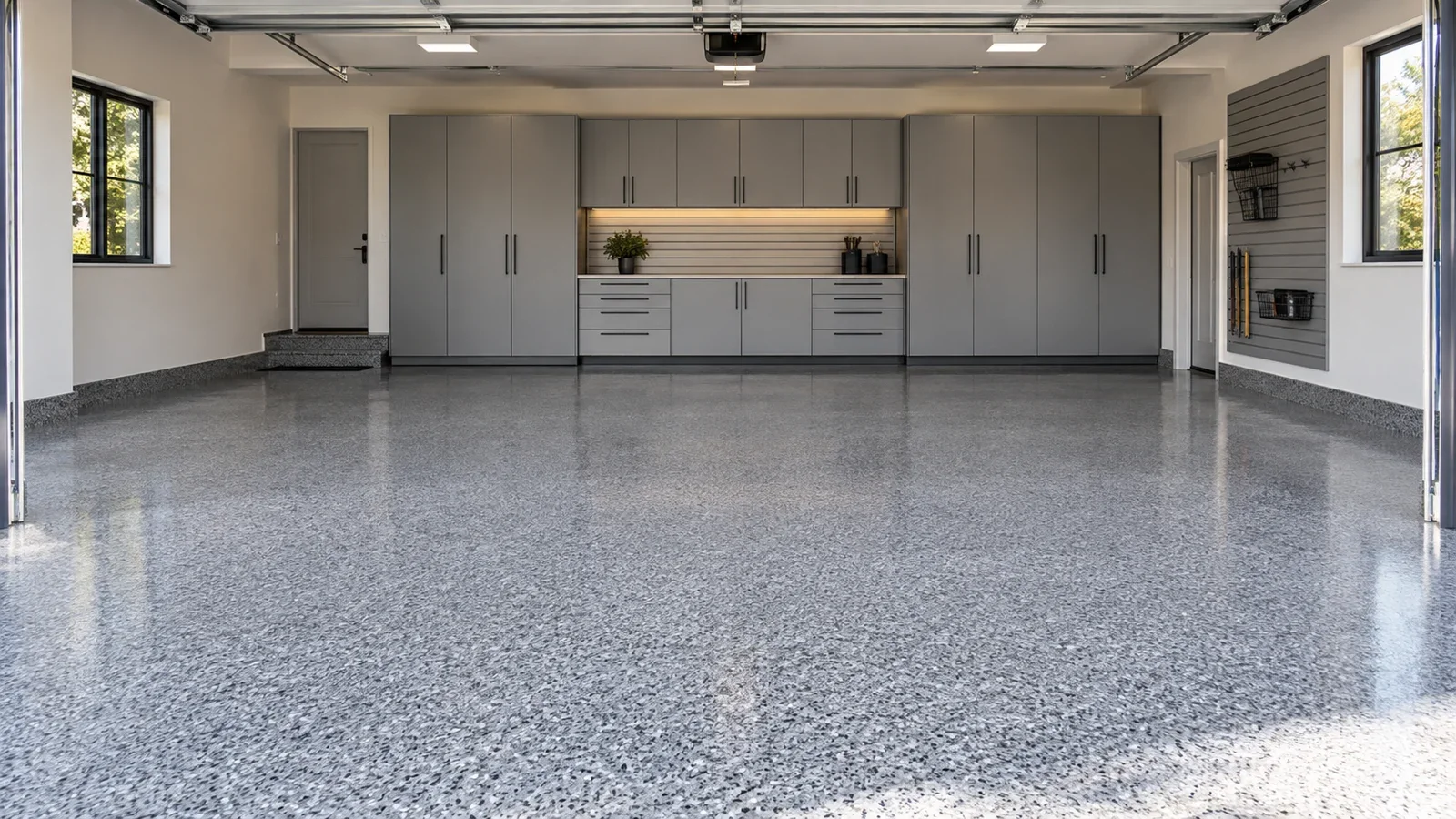 Gray flake epoxy garage floor with fitted storage cabinets