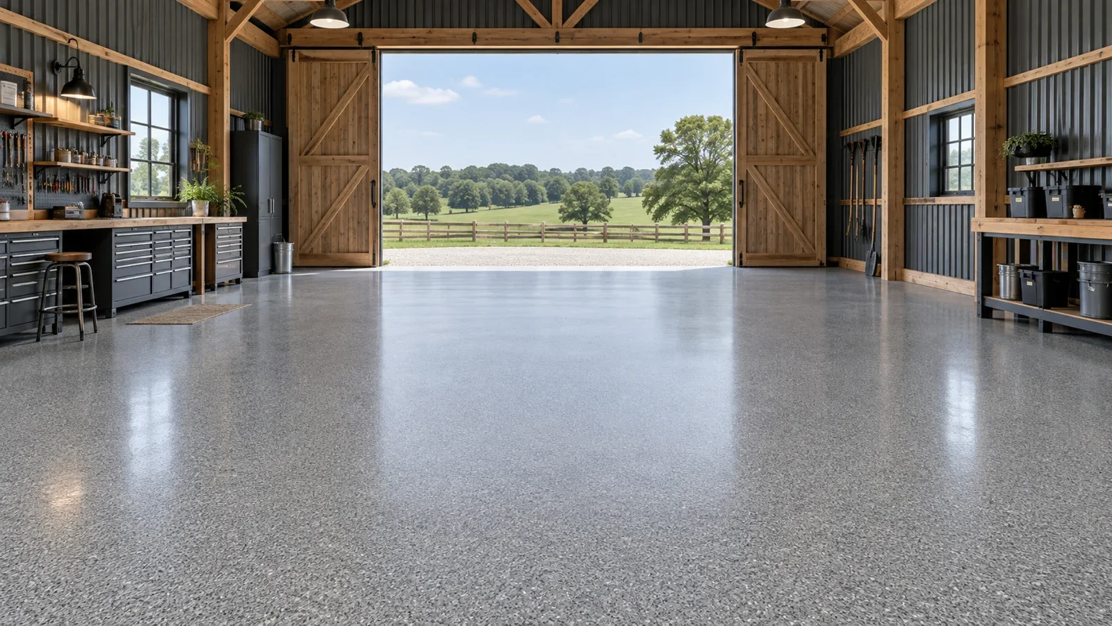 Gray flake epoxy floor in a timber-framed residential workshop
